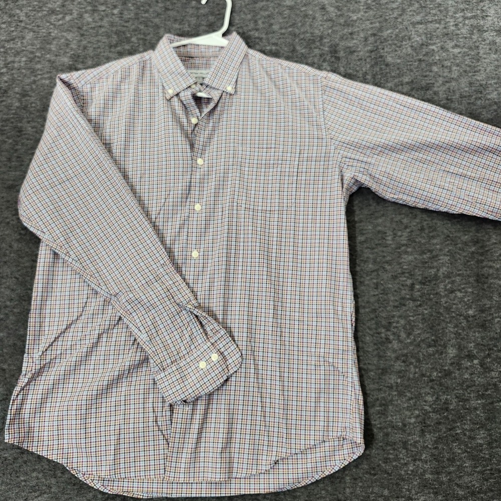 Peter Millar Shirt Adult Large Blue Brown Plaid Button Up Linen Cotton Mens